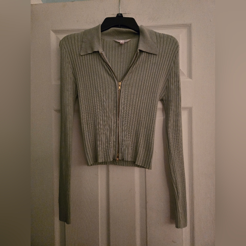 Sage Green And Gold Double Zip Ribbed Top No Boundaries